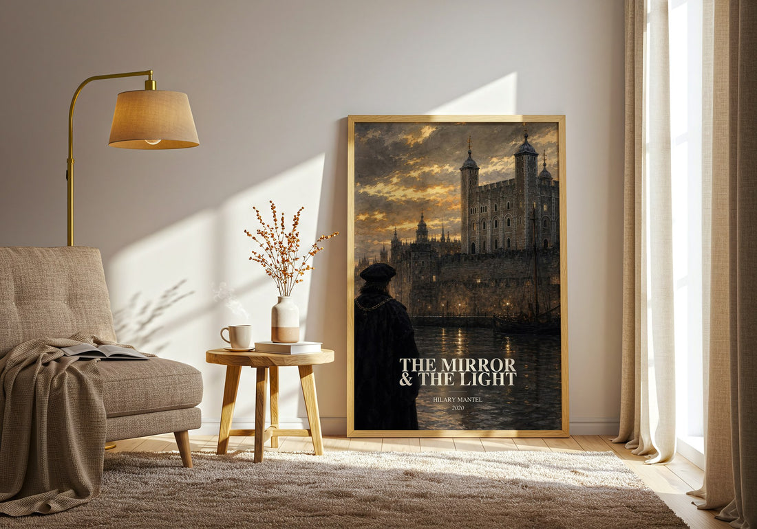 The Mirror & the Light watercolour print in frame leaning in hallway – historical fiction wall art (mockup)