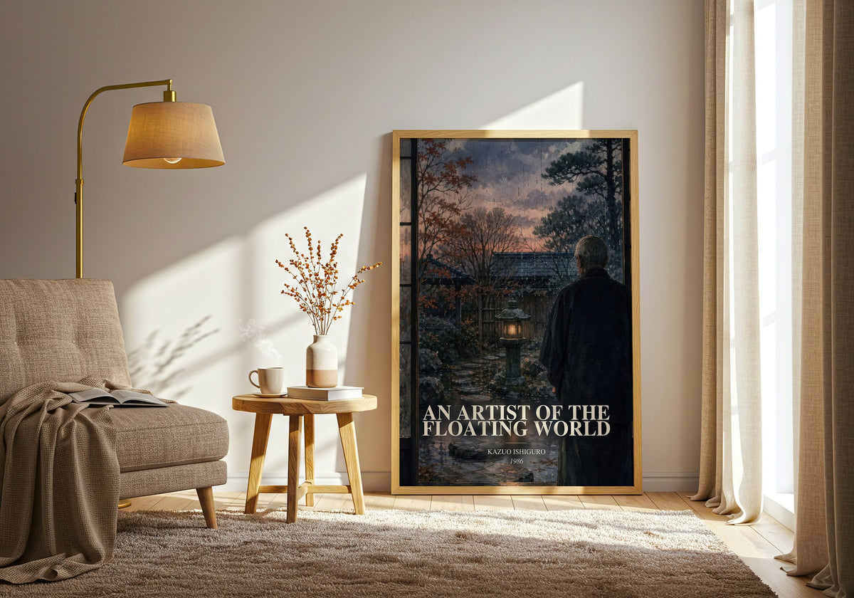 An Artist of the Floating World watercolour print in frame leaning in hallway – literary fiction wall art (mockup)