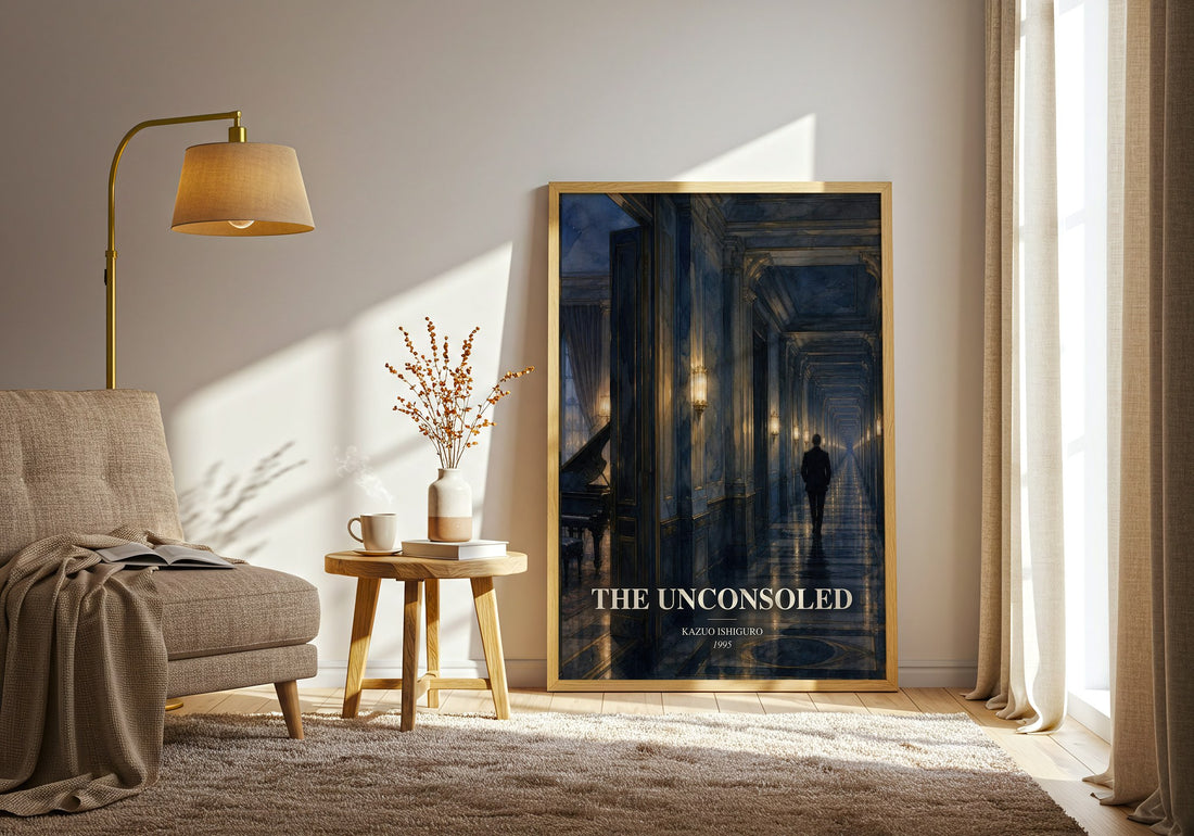The Unconsoled watercolour print in frame leaning in hallway – literary fiction wall art (mockup)