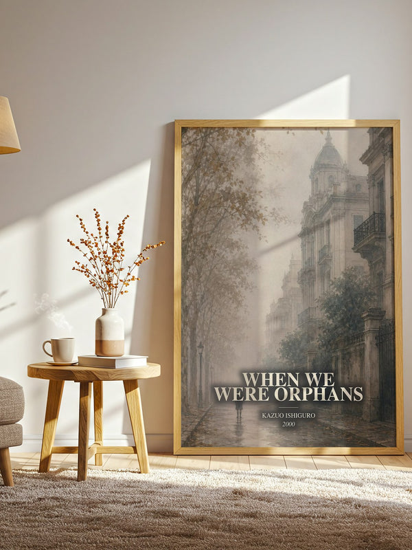 When We Were Orphans watercolour print in frame leaning in hallway – literary fiction wall art