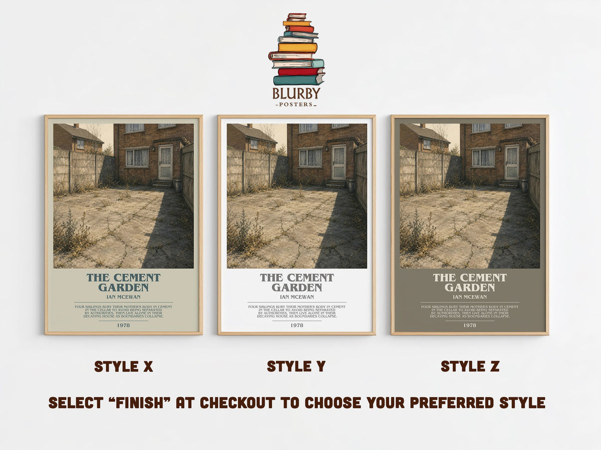 The Cement Garden bookish print in frame leaning in hallway – literary fiction wall art (mockup)