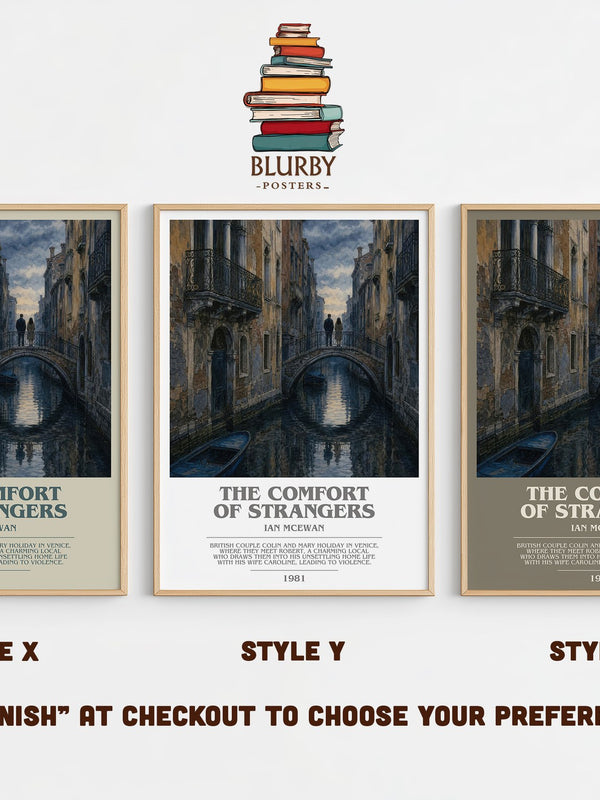 The Comfort of Strangers bookish print in frame leaning in hallway – literary fiction wall art
