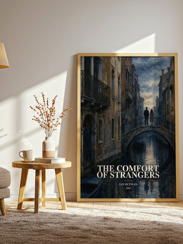 The Comfort of Strangers watercolour print in frame leaning in hallway – literary fiction wall art