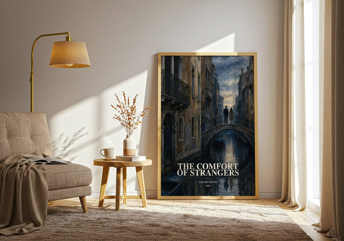 The Comfort of Strangers watercolour print in frame leaning in hallway – literary fiction wall art (mockup)