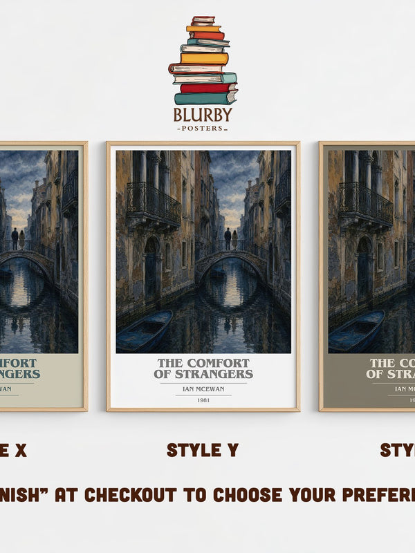 The Comfort of Strangers book cover print in frame leaning in hallway – literary fiction wall art