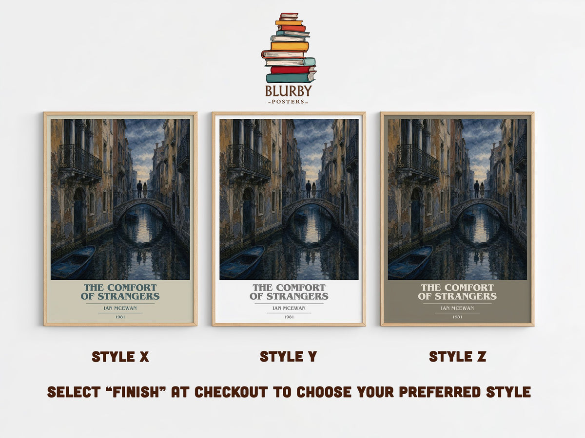 The Comfort of Strangers book cover print in frame leaning in hallway – literary fiction wall art (mockup)