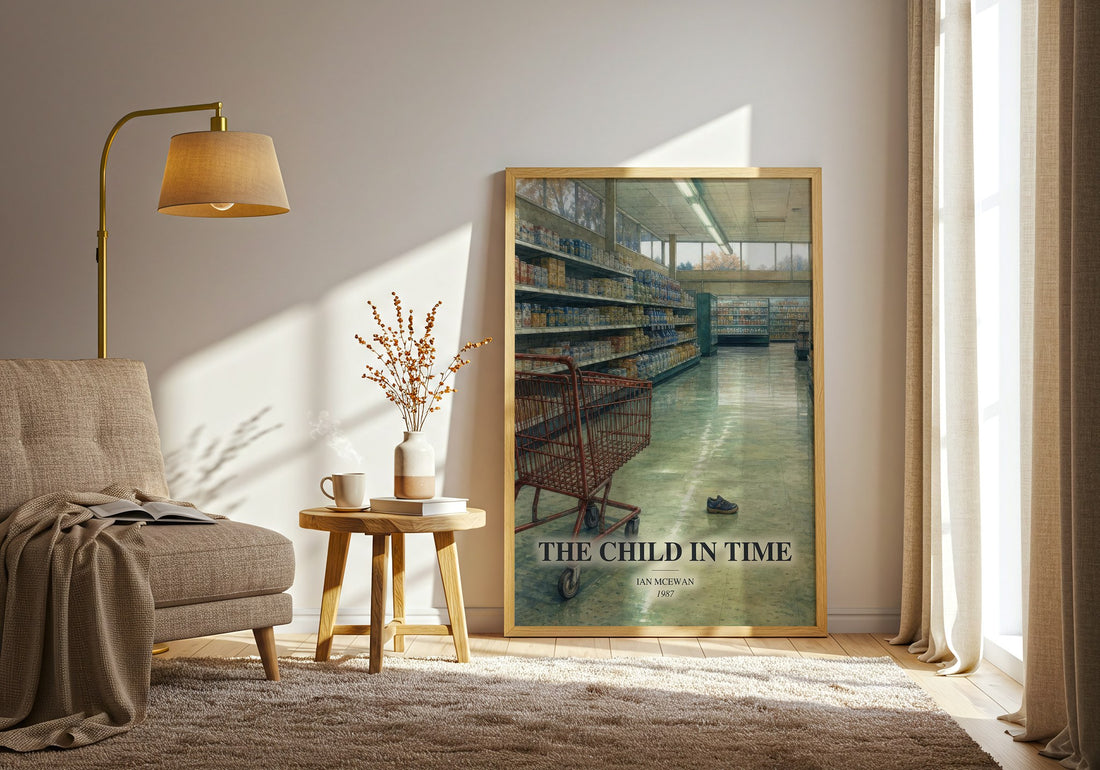 The Child in Time watercolour print in frame leaning in hallway – literary fiction wall art (mockup)