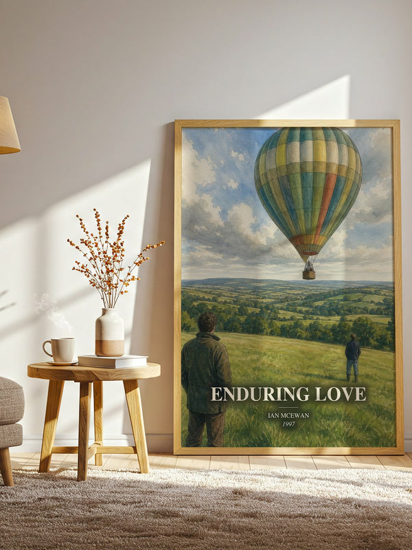 Enduring Love watercolour print in frame leaning in hallway – literary fiction wall art