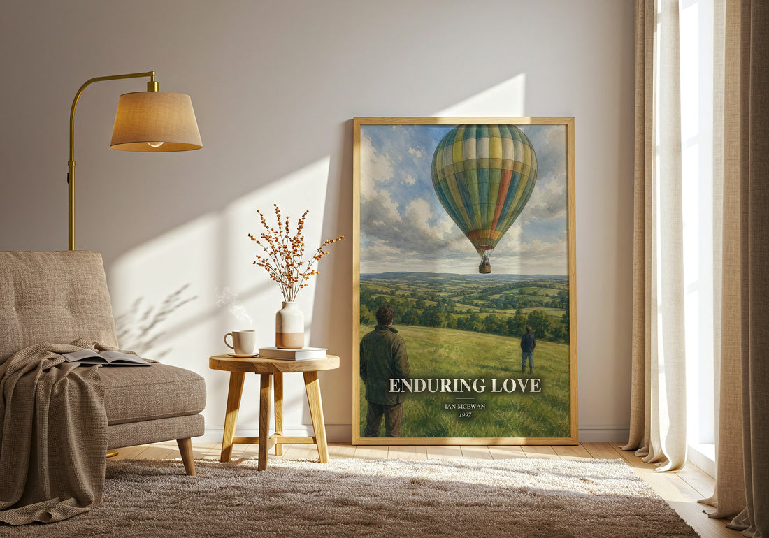 Enduring Love watercolour print in frame leaning in hallway – literary fiction wall art (mockup)