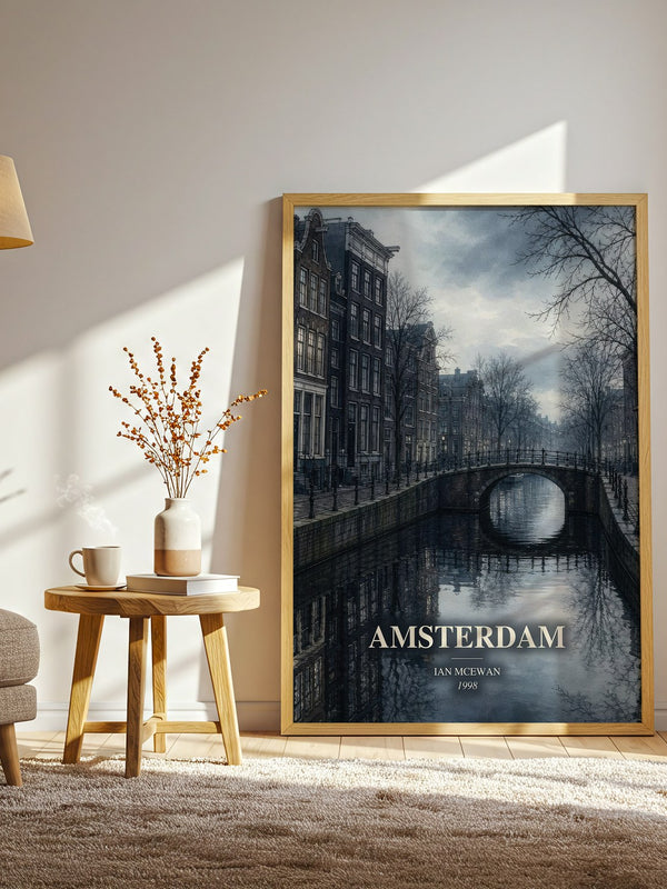 Amsterdam watercolour print in frame leaning in hallway – literary fiction wall art