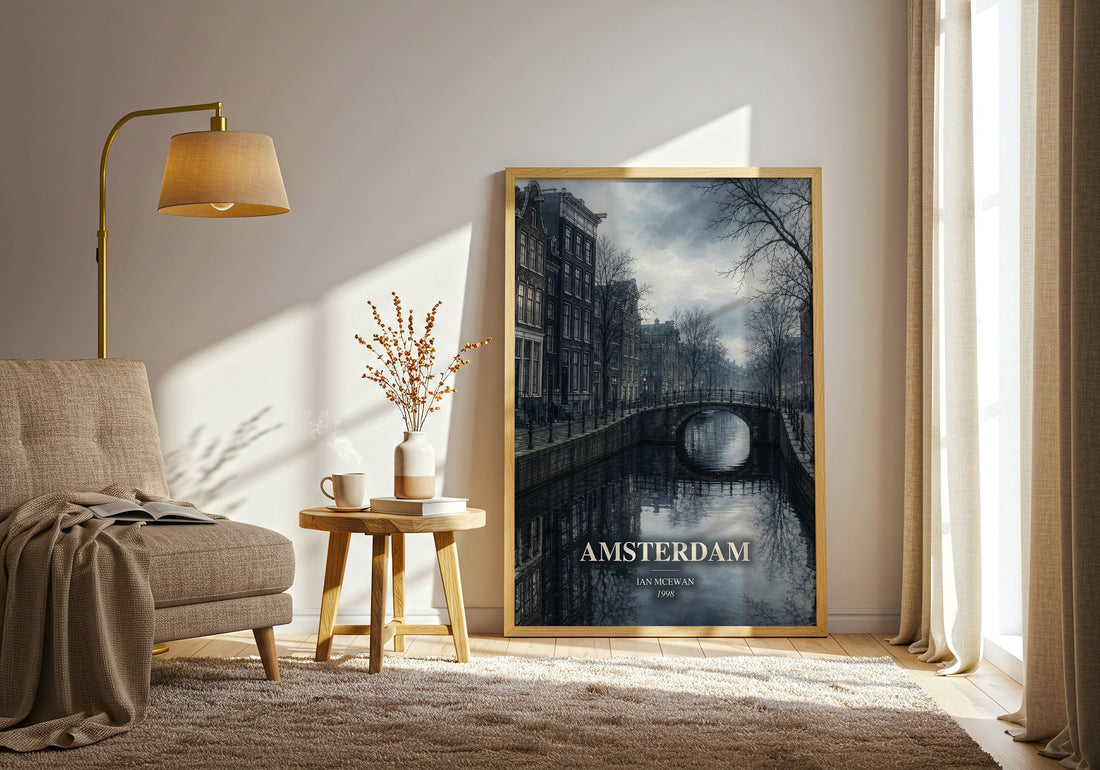 Amsterdam watercolour print in frame leaning in hallway – literary fiction wall art (mockup)