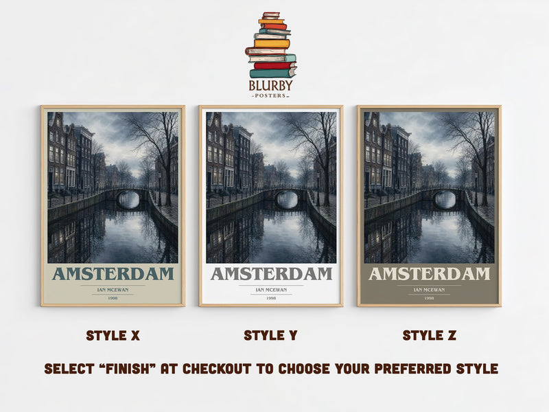 Amsterdam book cover print in frame leaning in hallway – literary fiction wall art