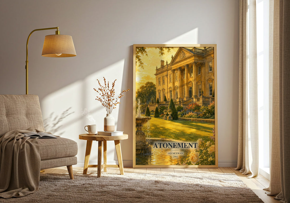 Atonement watercolour print in frame leaning in hallway – literary fiction wall art (mockup)