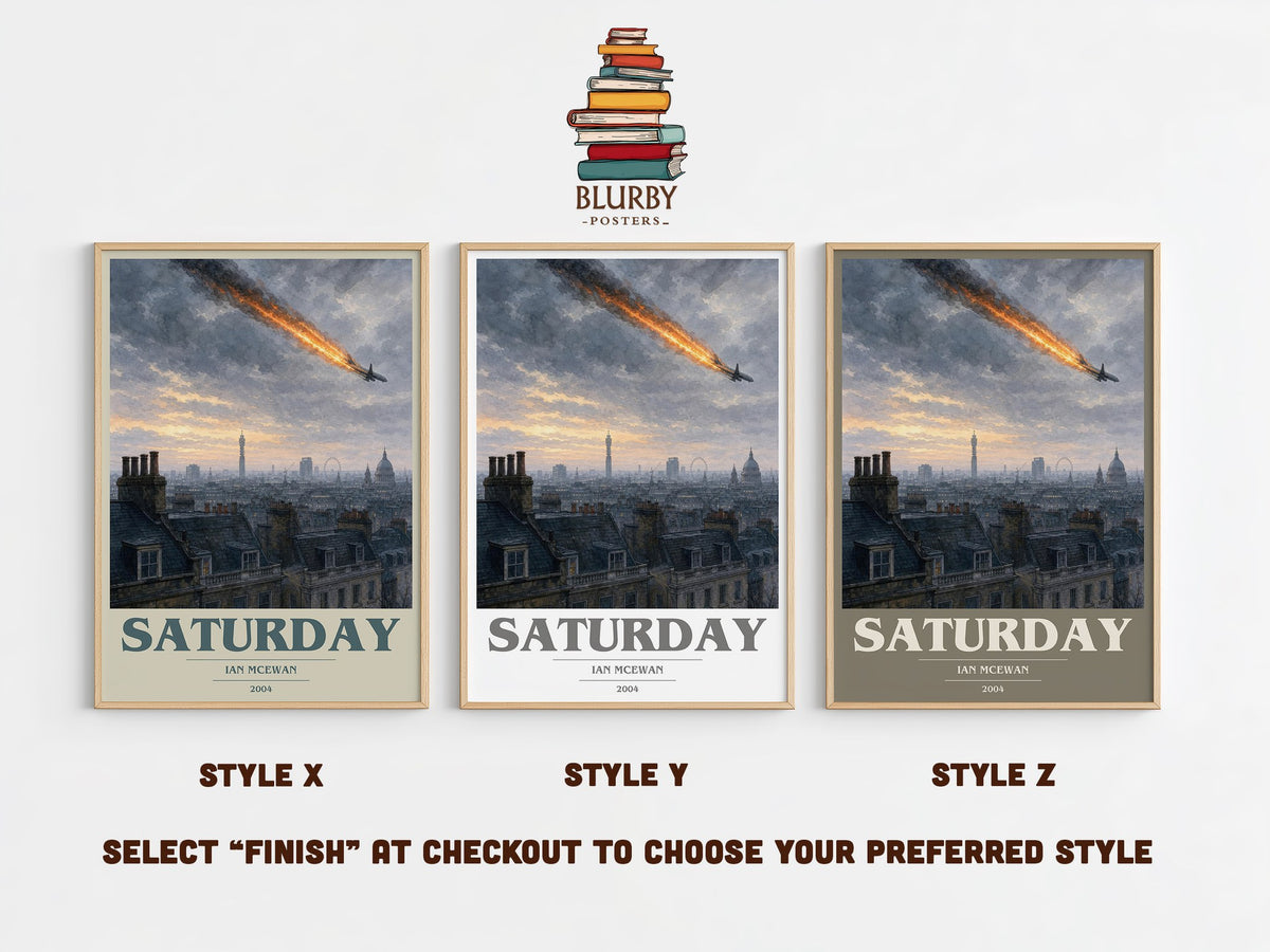 Saturday book cover print in frame leaning in hallway – literary fiction wall art (mockup)