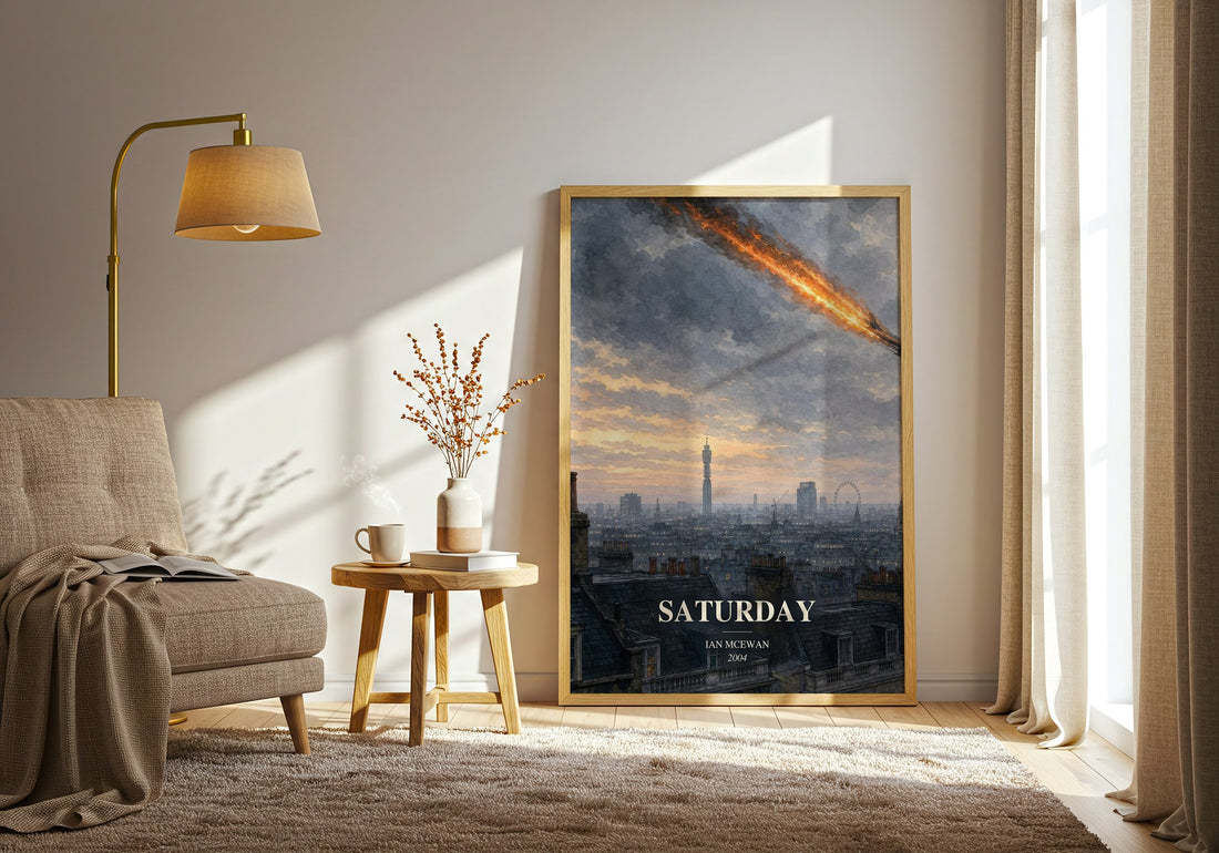 Saturday watercolour print in frame leaning in hallway – literary fiction wall art (mockup)