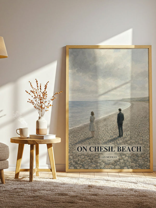 On Chesil Beach watercolour print in frame leaning in hallway – literary fiction wall art