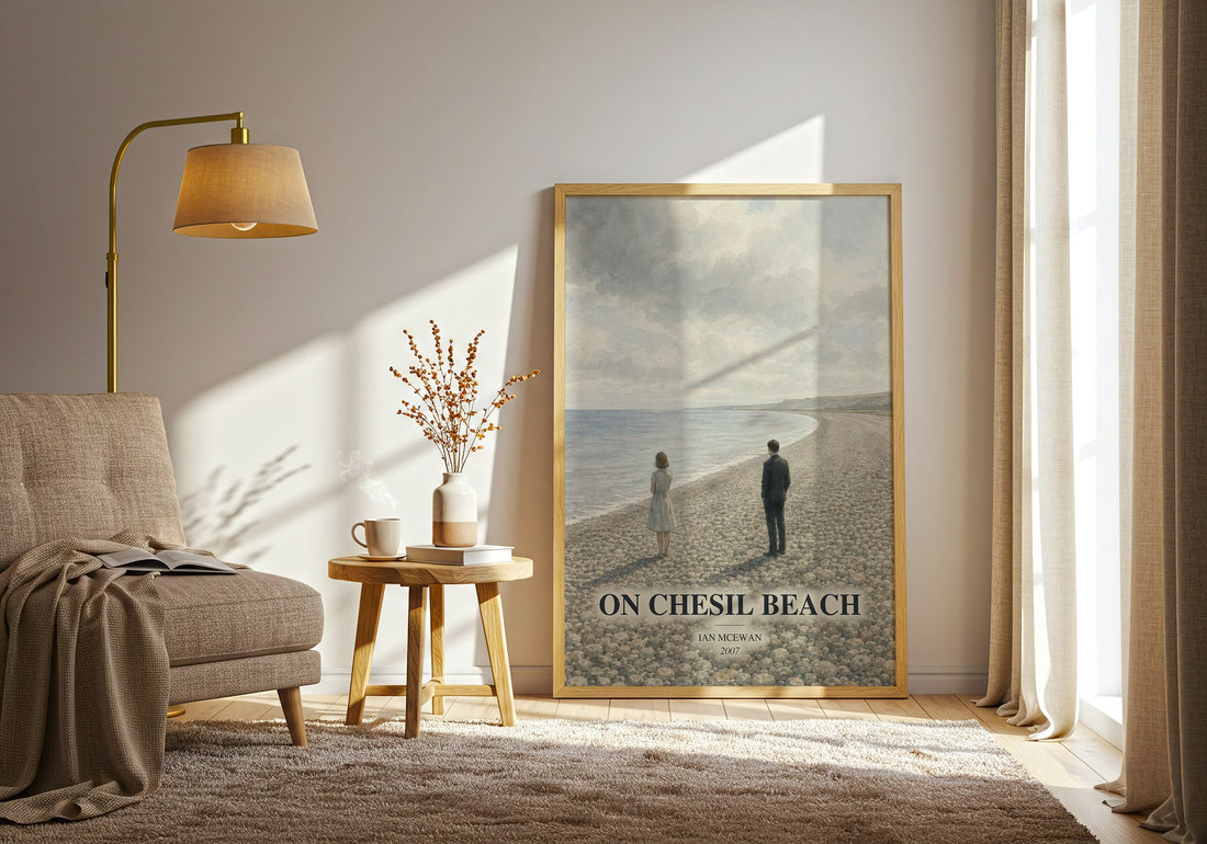 On Chesil Beach watercolour print in frame leaning in hallway – literary fiction wall art (mockup)