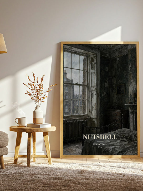 Nutshell watercolour print in frame leaning in hallway – literary fiction wall art