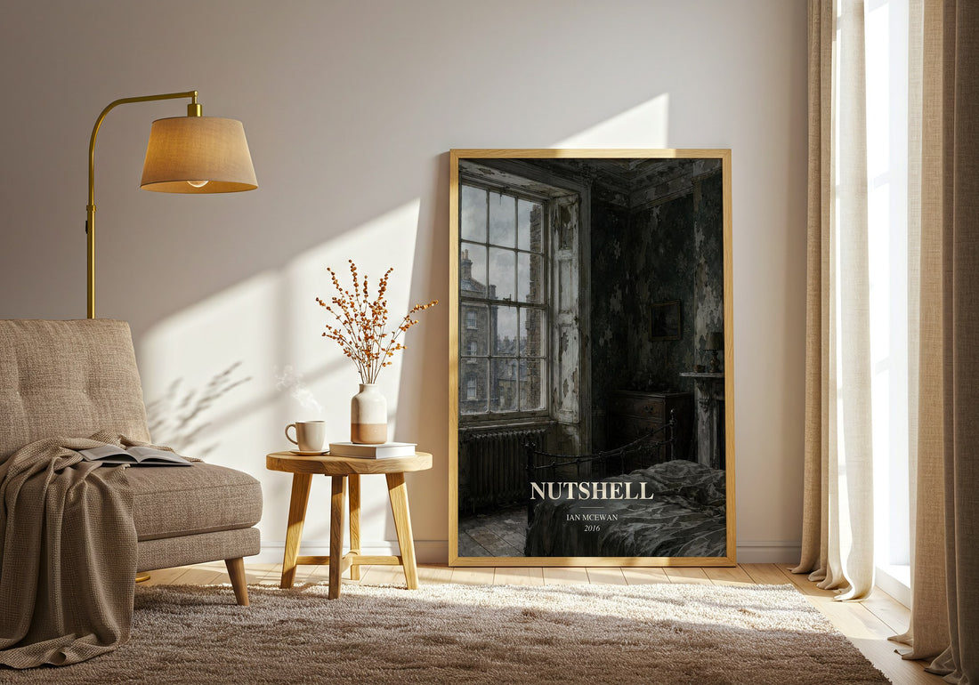 Nutshell watercolour print in frame leaning in hallway – literary fiction wall art (mockup)