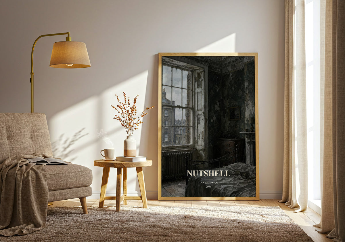Nutshell watercolour print in frame leaning in hallway – literary fiction wall art (mockup)