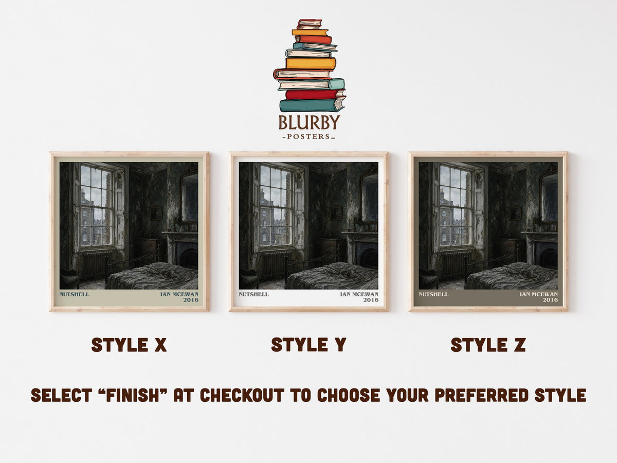 Nutshell literary print in frame leaning in hallway – literary fiction wall art (mockup)