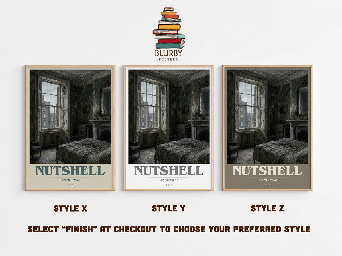 Nutshell book cover print in frame leaning in hallway – literary fiction wall art (mockup)
