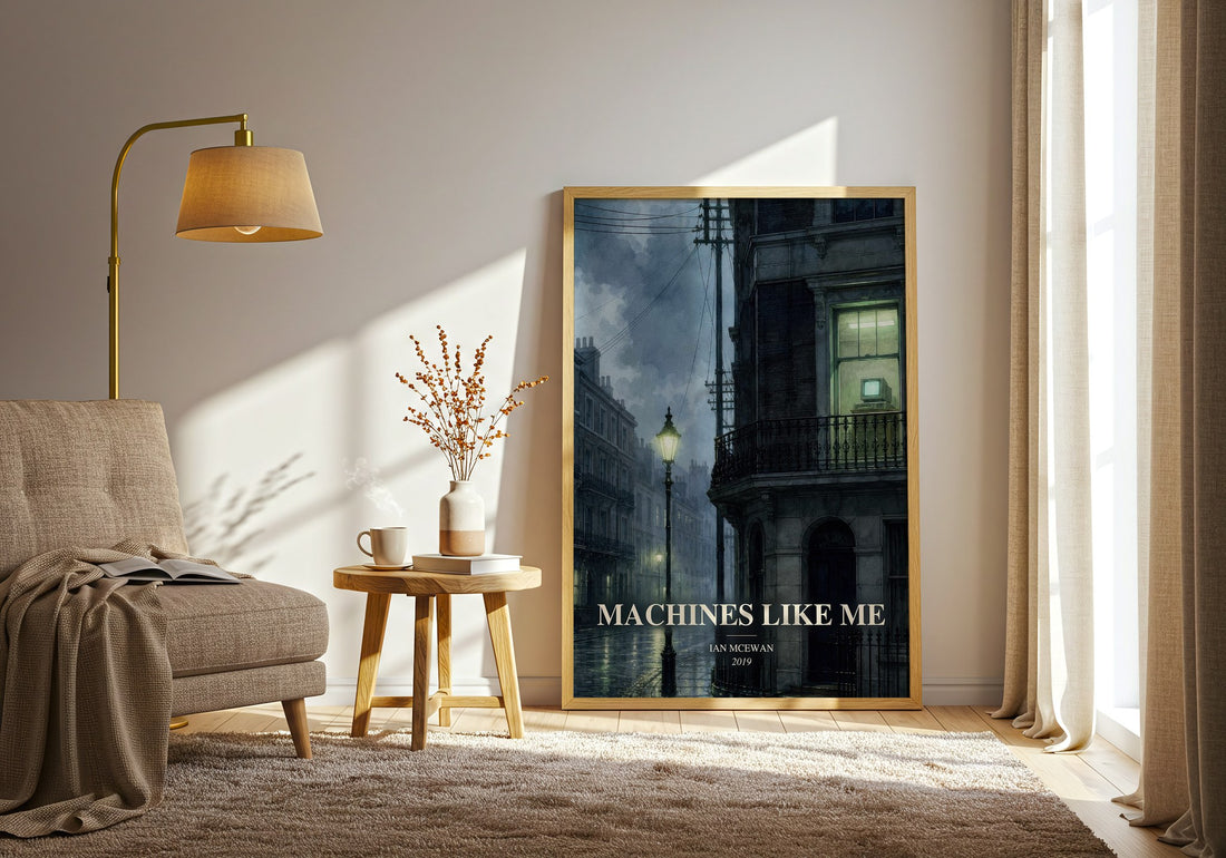 Machines Like Me watercolour print in frame leaning in hallway – sci fi wall art (mockup)