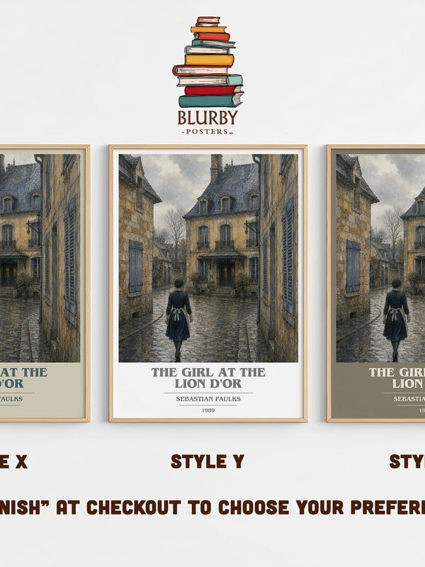 The Girl at the Lion d'Or book cover print in frame leaning in hallway – historical fiction wall art