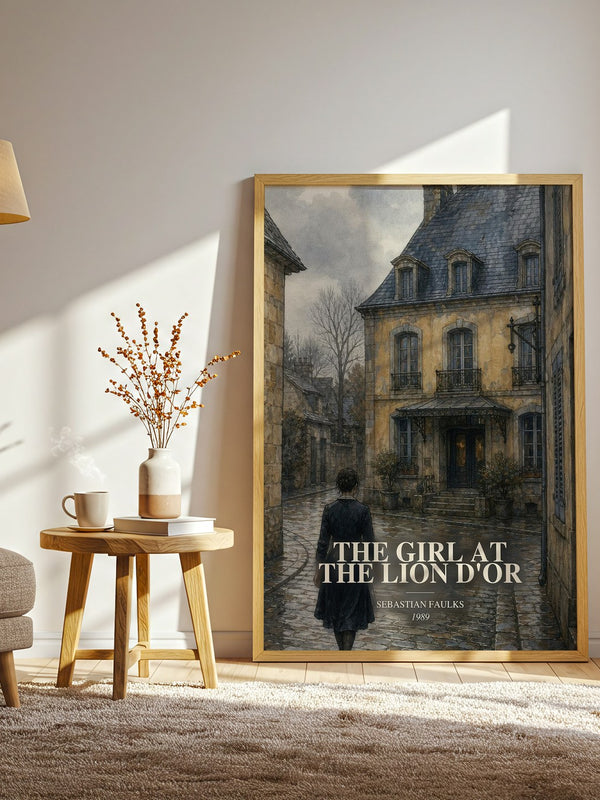 The Girl at the Lion d'Or watercolour print in frame leaning in hallway – historical fiction wall art