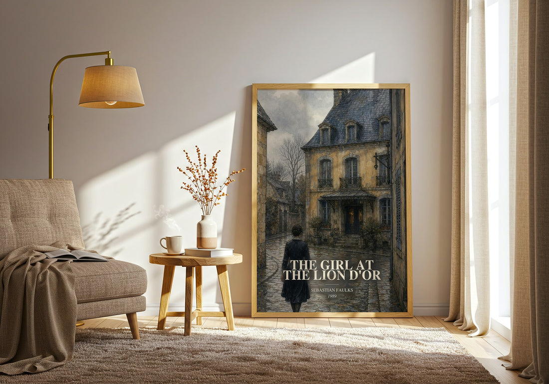 The Girl at the Lion d'Or watercolour print in frame leaning in hallway – historical fiction wall art (mockup)