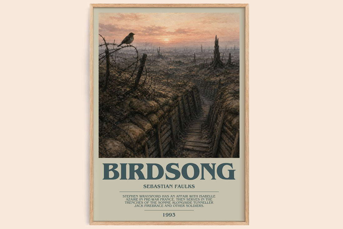 Birdsong bookish book poster by Sebastian Faulks – framed literary art print