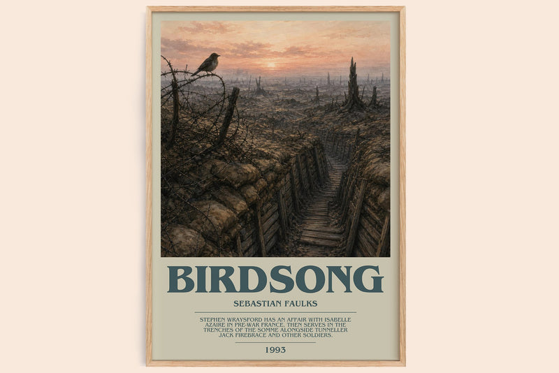 Birdsong bookish book poster by Sebastian Faulks – framed literary art print