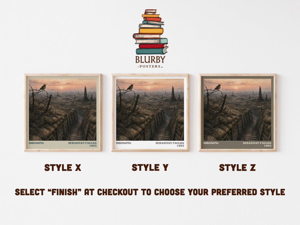 Birdsong literary print in frame leaning in hallway – historical fiction wall art (mockup)