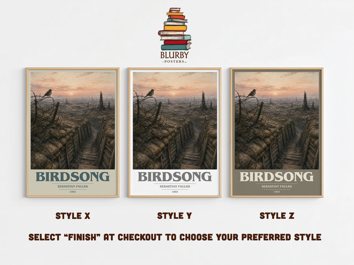Birdsong book cover print in frame leaning in hallway – historical fiction wall art (mockup)