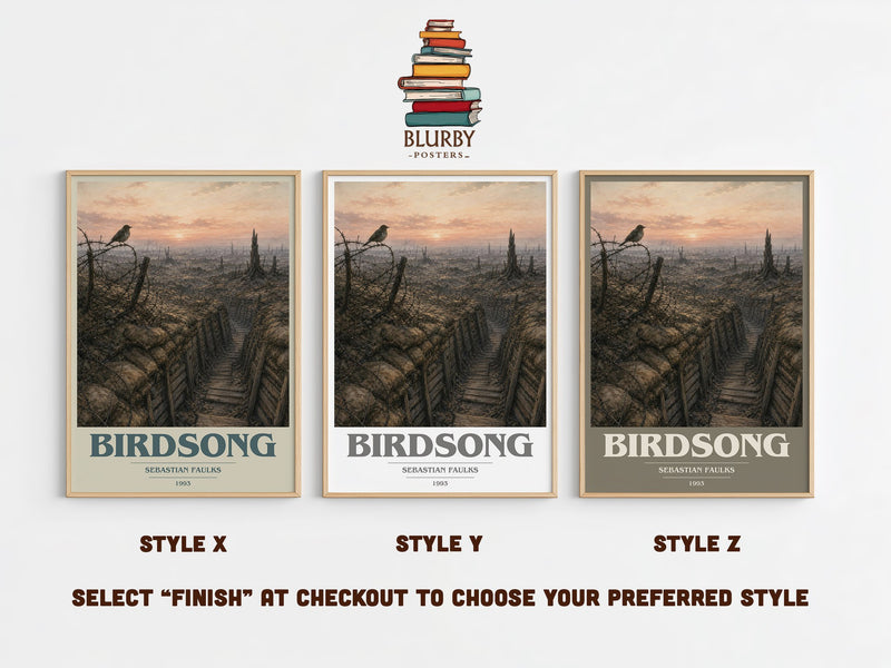 Birdsong book cover print in frame leaning in hallway – historical fiction wall art