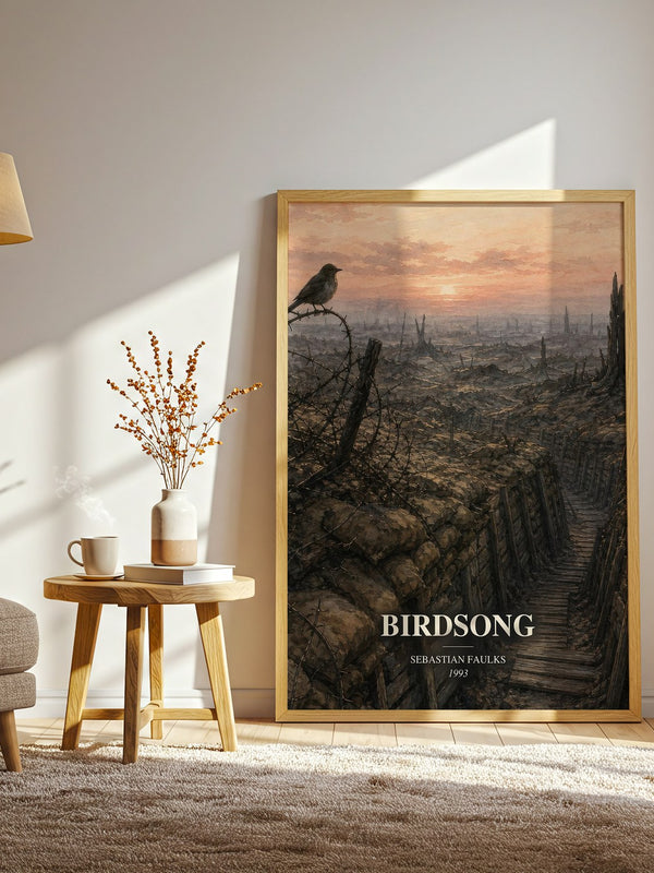 Birdsong watercolour print in frame leaning in hallway – historical fiction wall art