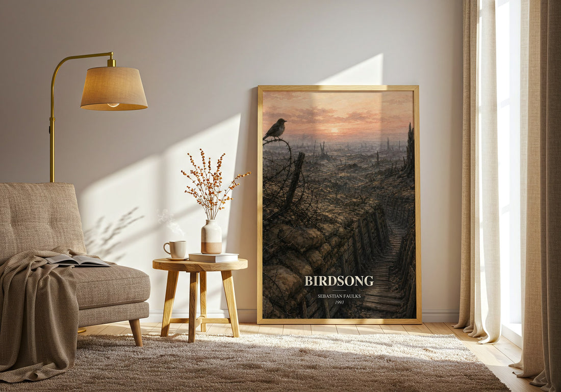 Birdsong watercolour print in frame leaning in hallway – historical fiction wall art (mockup)