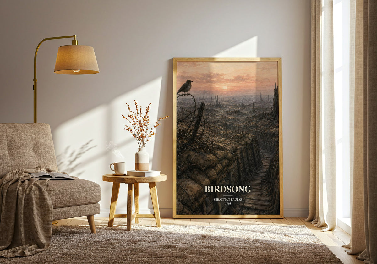 Birdsong watercolour print in frame leaning in hallway – historical fiction wall art (mockup)
