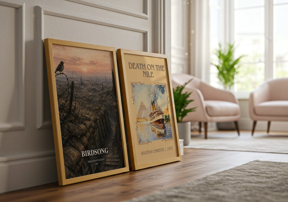 Birdsong watercolour print framed by window – literary home decor