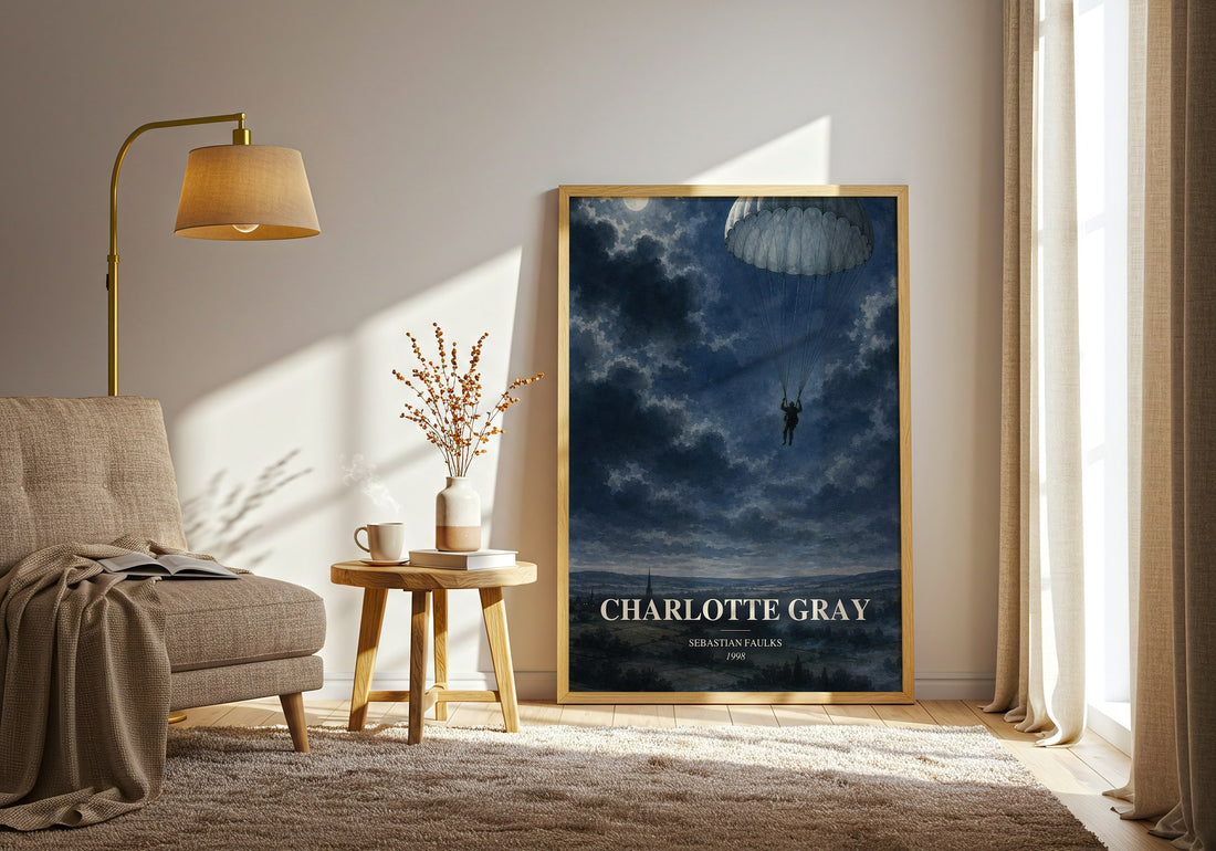 Charlotte Gray watercolour print in frame leaning in hallway – historical fiction wall art (mockup)