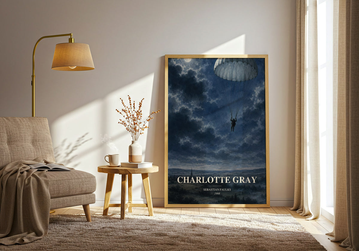 Charlotte Gray watercolour print in frame leaning in hallway – historical fiction wall art (mockup)
