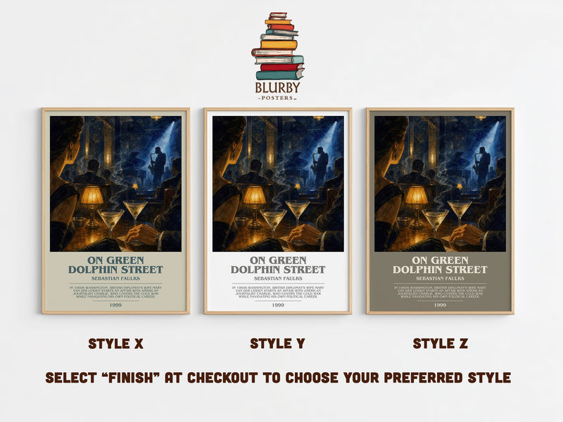 On Green Dolphin Street bookish print in frame leaning in hallway – literary fiction wall art