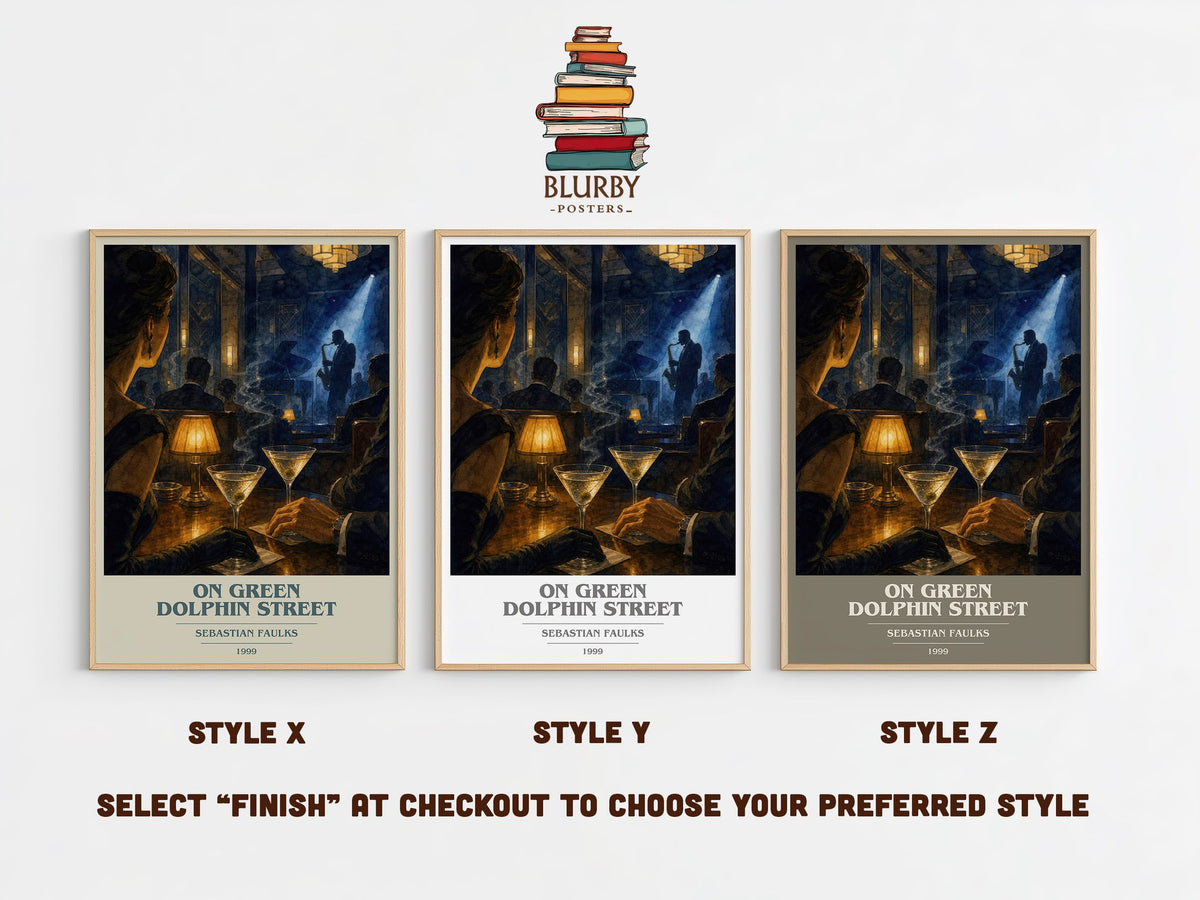 On Green Dolphin Street book cover print in frame leaning in hallway – literary fiction wall art (mockup)
