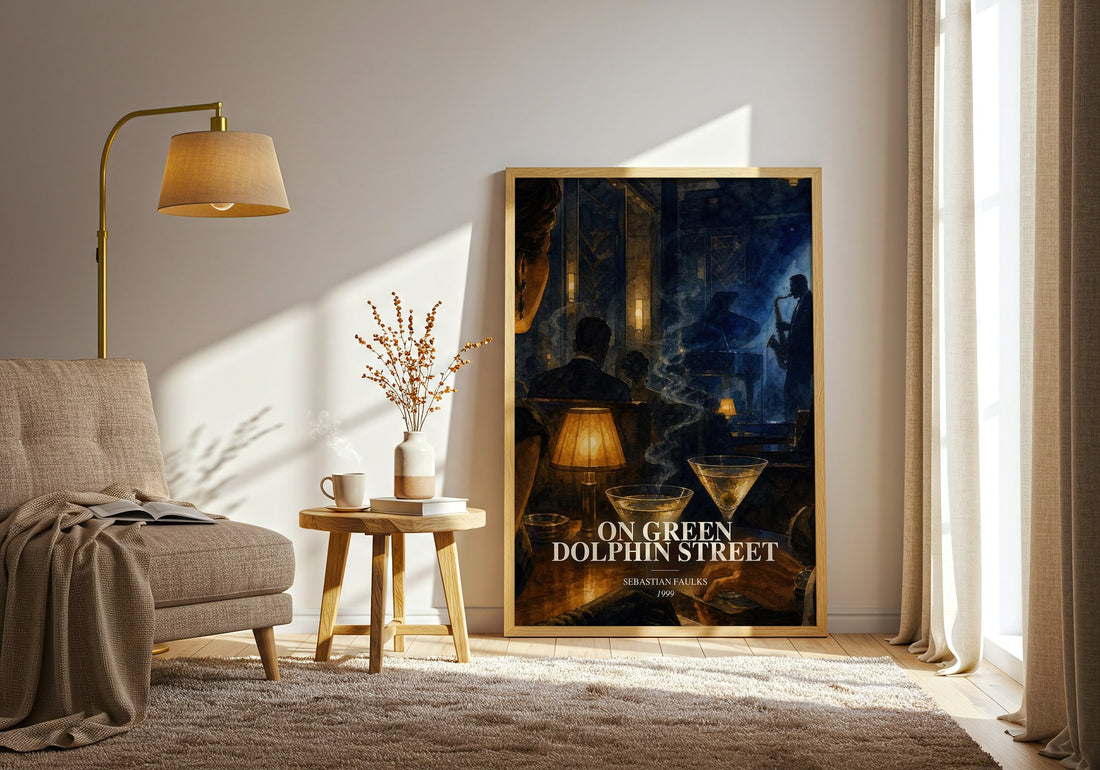 On Green Dolphin Street watercolour print in frame leaning in hallway – literary fiction wall art (mockup)