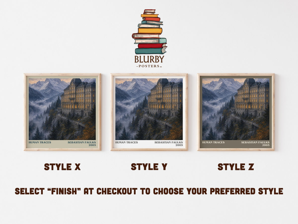 Human Traces literary print in frame leaning in hallway – historical fiction wall art (mockup)
