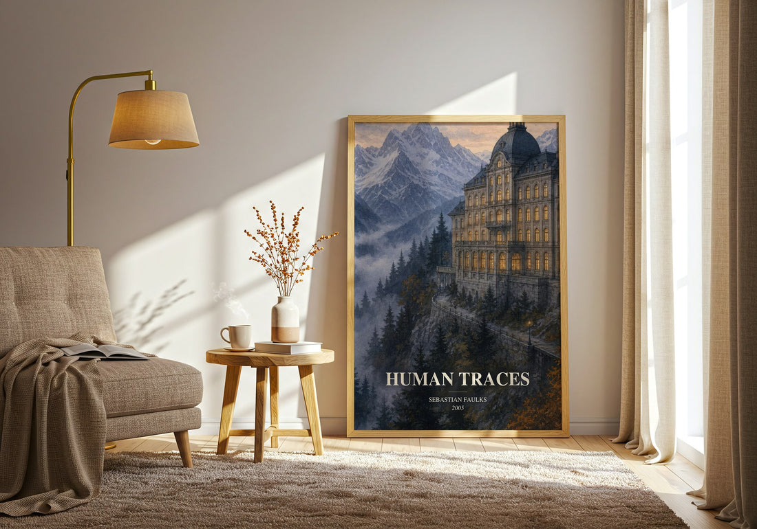 Human Traces watercolour print in frame leaning in hallway – historical fiction wall art (mockup)