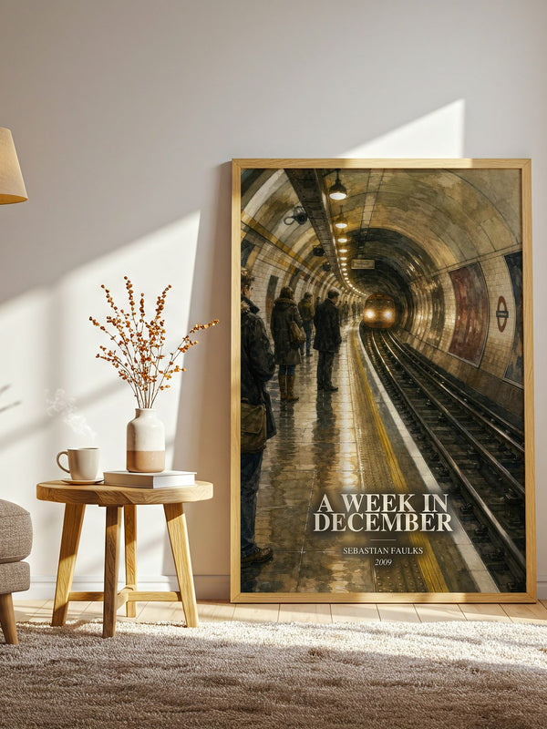 A Week in December watercolour print in frame leaning in hallway – contemporary fiction wall art