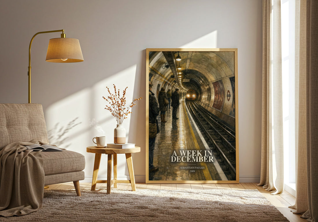 A Week in December watercolour print in frame leaning in hallway – contemporary fiction wall art (mockup)