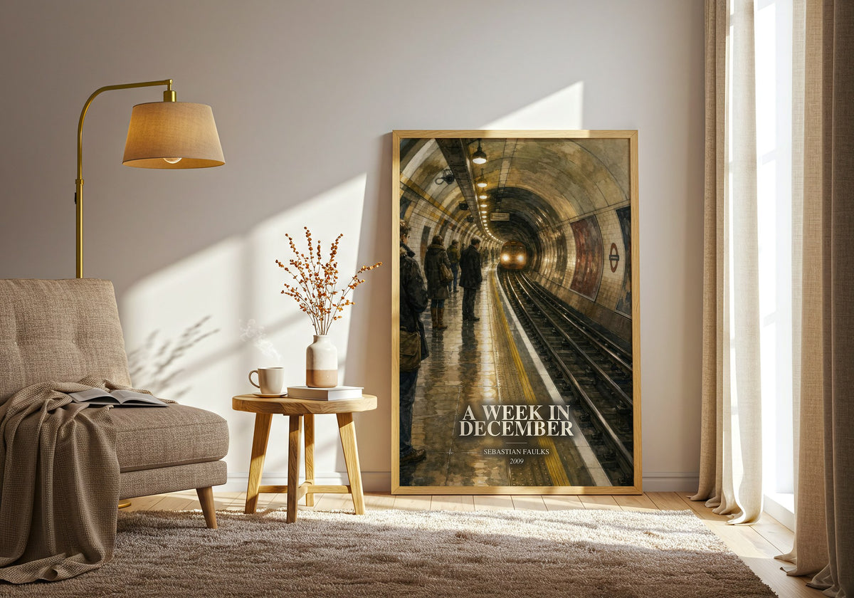 A Week in December watercolour print in frame leaning in hallway – contemporary fiction wall art (mockup)