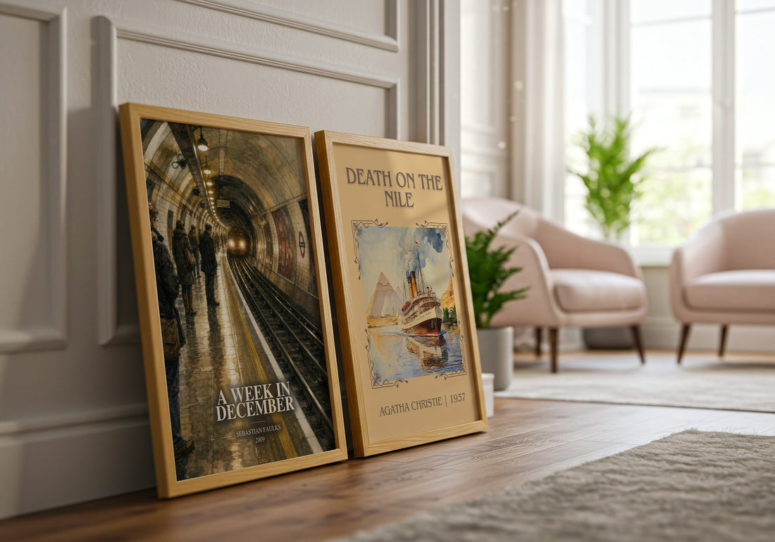 A Week in December watercolour print framed by window – literary home decor